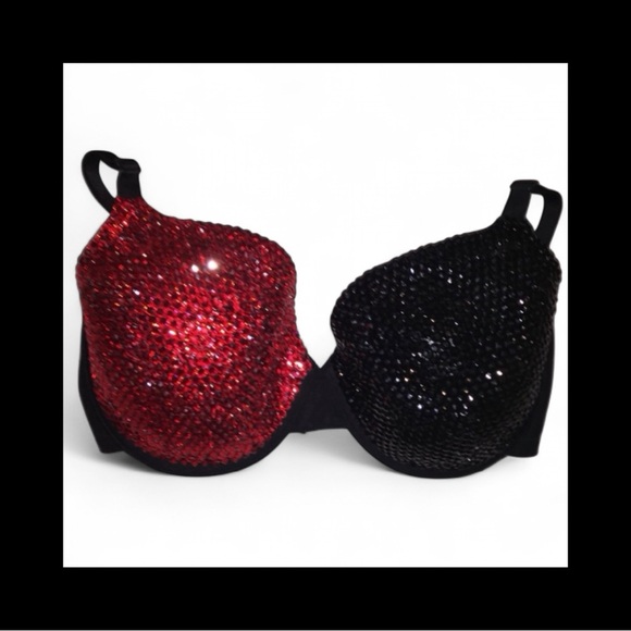 Crystal Rhinestone Classic Siam Red & Jet Black Glam Bling Bra Top All Sizes New - Picture 2 of 9